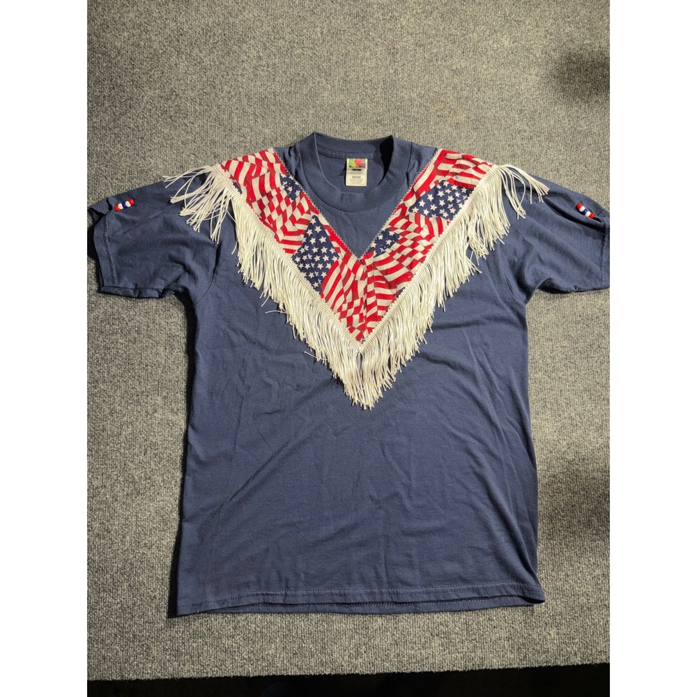 Vintage Fruit of the Loom Best American Flag Fringe T-Shirt Navy Blue Large